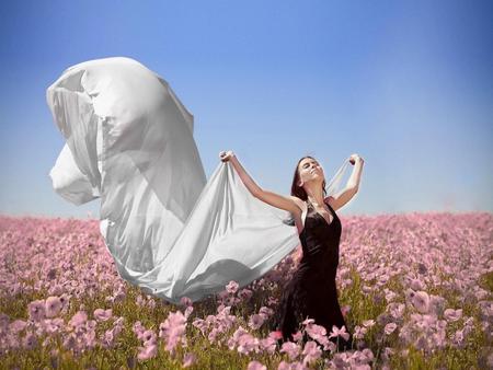 Beautiful woman - flowers, nature, sheet, woman, beautiful, girl, field, pink