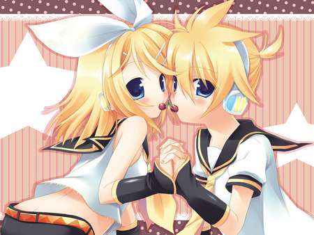 Kagamine Rin and Kagamine Len - headsets, cherries, blushing, kagamine, girl, kagamine len, stars, boy, rin, kagamine rin, cute, len