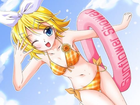 Kagamine Rin - flower, kagamine, cute, rin, kagamine rin, girl, sunflower, inner tube, sky, bikini, clouds, sexy