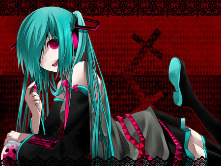 Hatsune Miku - red, hatsune, miku, cute, gothic, vocaloids, anime, girl, skull, headsets, sexy, cross, hatsune miku