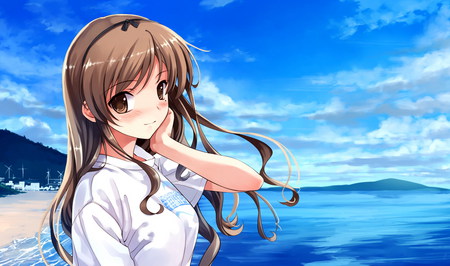 To The Beach - cute anime, brown eyes, anime girl, water, beach, ocean, long hair, cute anime girl, brunette