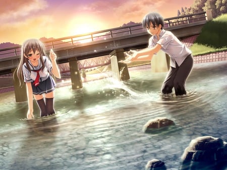 River Games - see through shirt, blushing, water, wet, cute anime, anime girl, school uniform, playful, winking, cute anime girl, cute anime couple, river, blush, uniform