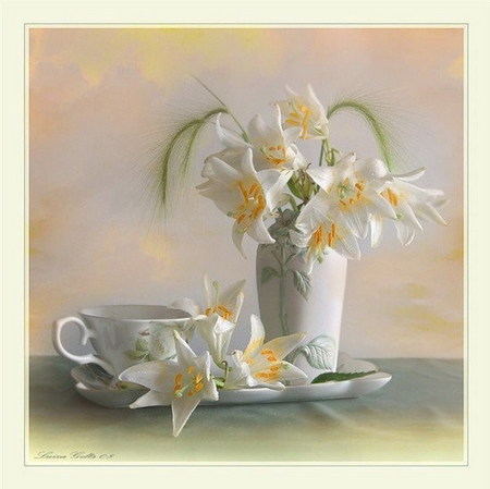 still life - white, lily, cup, vase