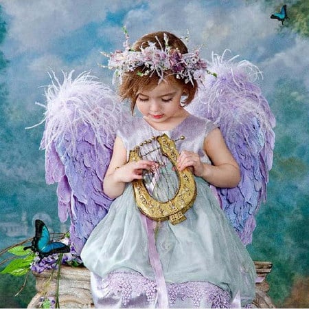 little angel for AnaCatalina - harp, wreath, purple, wings, angel