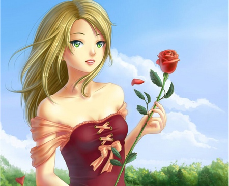 Girl with a Rose - sky, sexy, scenic, hot, girl, anime girl, rose, cloud, anime, cute, scene, dress, flower