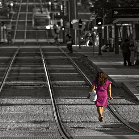 long road - lonely, dress, railway, walk, pink