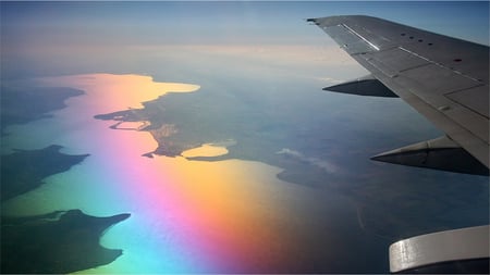 Rainbow Lake - jet, rainbow, wing, military, lake