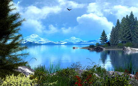 MAJESTIC BLUES - flowers, clouds, blue, majestic, lake, forest, mountains, sky