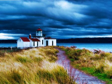 All Alone - lighthouse, path, sea, clouds