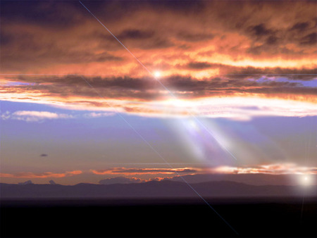 Colors of sunset - rays, sky, sunshine, clouds, sunsets, desert, mountains