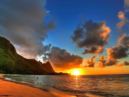 summer sunset - ocean, light, sun, summer, sunset, bright, yellow, clouds, beautiful