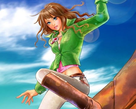 Girl - anime, anime girl, hot, girl, necklace, green, cloud, cute, sexy, sky