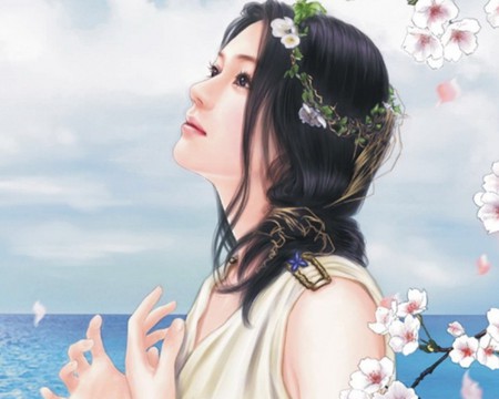 The Beauty - anime, anime girl, water, cherry blossom, sakura, hot, girl, chinese, sea, ocean, flower, oriental, cute, sexy