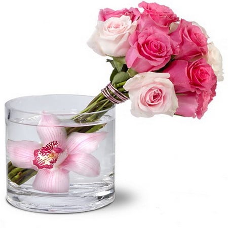 think pink - roses, orchid, bouquet, pink, glass