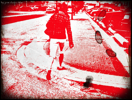 walking in red - abstract, woman, red, sidewalk, walking, photography