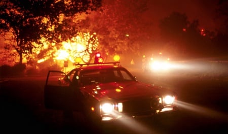 Explosion - trees, car, lights, red