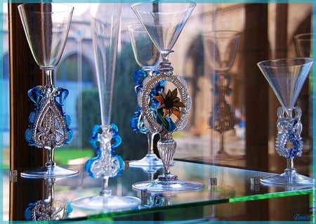 Glass beauty - collection, aqua, showcase, glasses, priceless, antique, ornate, rare, display