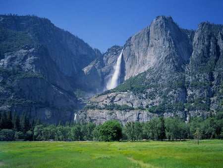 mountain with waterfall - trees, water, nature, waterfall, grass, mountains