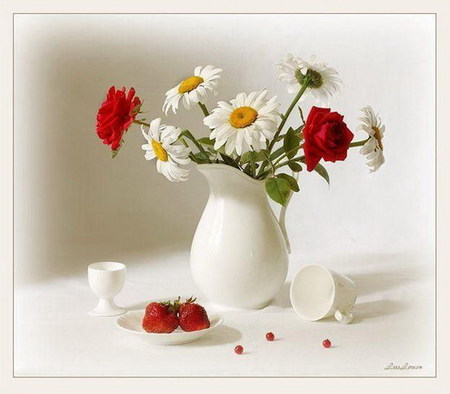 still life - vase, strawberry, white, red, daisy, rose, cup