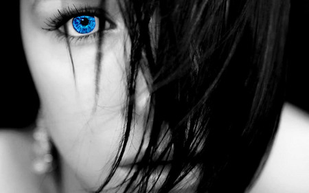 Blue Eye - abstract, girl, blue, black and white, fear