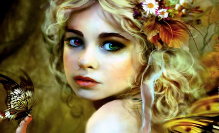 Summer girl - butterfly, girl, wide, eyed, blond, flowers, different eyes