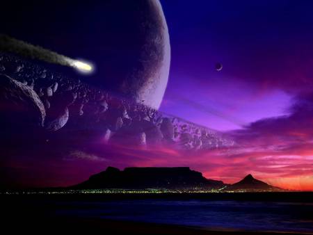 Planet night - purple, planet, comet, night, pink, mountain, sky