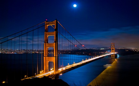 BLUE MOON AT THE GOLDEN GATE - moon, ocean, blue, bridge