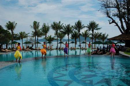 Inviting Pool - palm trees, ocean, pool, dancers