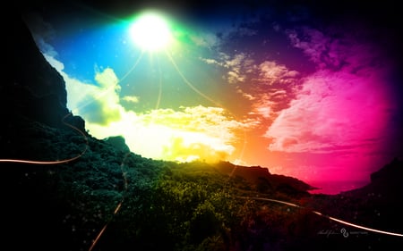 Surreal Art - rainbow, sky, colorful, art, purple, yellow, beautiful, pink, clouds, green, orange