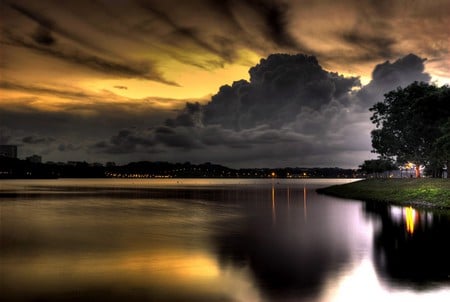 BEDOK RESERVOIR,SINGAPORE - clouds, trees, reservoir, twilight, night, reflection, bedok