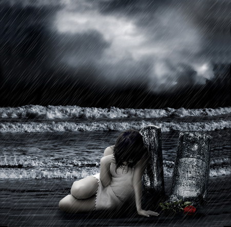 Missing My Love - abstract, beach, woman, girl, rose, ocean, dark, sky