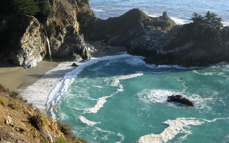 Big Sur Ocean Waterfall - nature, ocean, waterfall, cg, cliffs