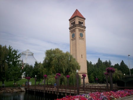 Spokane Park - park, spokane, flowers, bridge