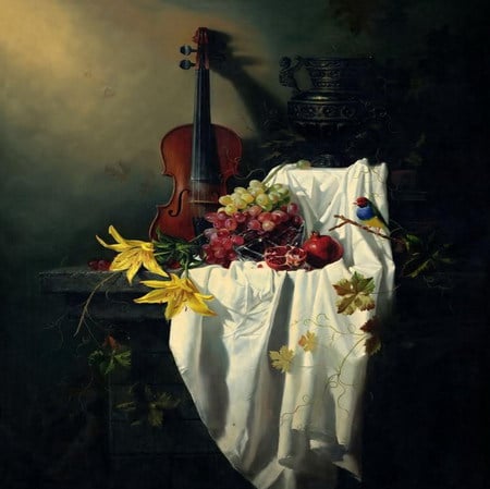 still life - grape, violin, lily, pomegranate