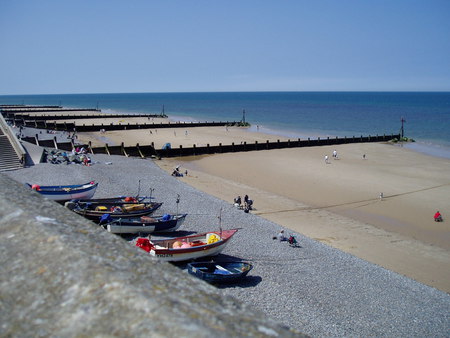 Sherringham Beach. - beach, boats, pebbles, sand, sea, rocks