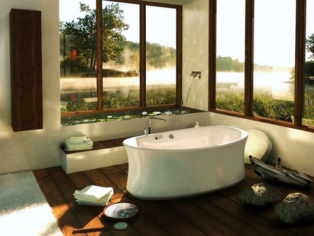 Bubbles with a view - comfort, lilies, bath, driftwood, oval, shore, modern, view, corner windows, lake, freestanding