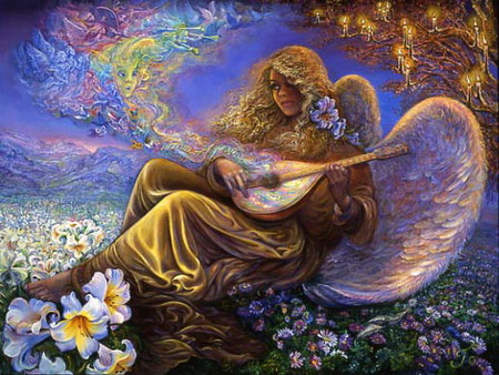 Angel melodies - guitar, angel, magic, wings, music, instrument, fire, white, flame, art, yellow, blonde hair, artwork, rainbow, candle, melody, light, song, pink, beautiful, weird things people wear, josephine wall, beauty, woman, candles, fantasy, creative pre-made, banjo, painting, angels, orange, paintings, tree, attractions in dreams, girl, lovely, heaven, love four seasons, blue, flowers, colors, butterfly designs, flower