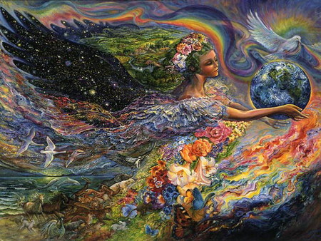 Earth angel - woman, dove, girl, angel, night, wings, black, fantasy, bird, art, blue, josephine wall, earth