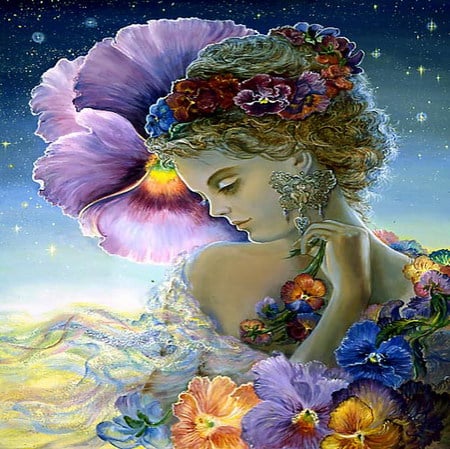 Pansy - woman, josephine, fantasy, faerie, face, pansy, art, fine, girl, wallpaper, lovely, beautiful, pink, wall, josephine wall, flowers, digital, fae