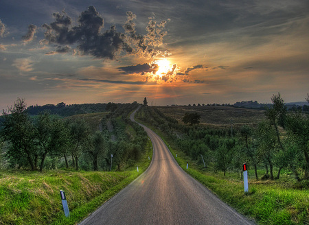 Sienna Hills Sunset - road, hills, sunset, nature