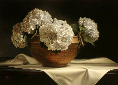 White On White - flowers, white fabric, gold bowl, white hydrangeas, tabletop, hydrangeas, still life