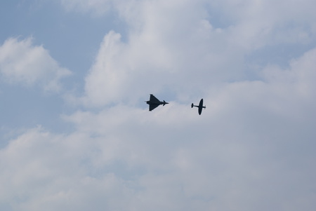 eurofighter typhoon and spitfire - typoon, and, britain, of, spitfire, eurofighter, battle, memorial, raf, awesome, flight