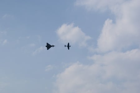 eurofighter typhoon and spitfire - britain, memorial, of, raf, typoon, battle, and, eurofighter, awesome, flight, spitfire