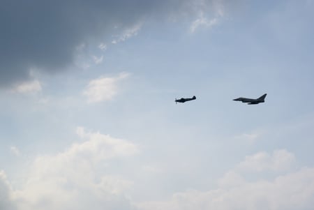 eurofighter typhoon and spitfire - britain, memorial, of, raf, typoon, battle, and, eurofighter, awesome, flight, spitfire