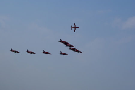 Red Arrows Breaking Away - redarrows, red, 2010, display, aerobatic, hawk, arrows, hill, biggin, raf