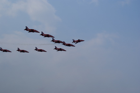 Red Arrows pulling out - hill, aerobatic, biggin, redarrows, hawk, red, display, 2010, arrows, raf