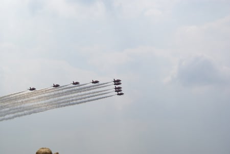 Red Arrows streaming white smoke - hill, 2010, display, raf, red, hawk, arrows, redarrows, biggin, aerobatic