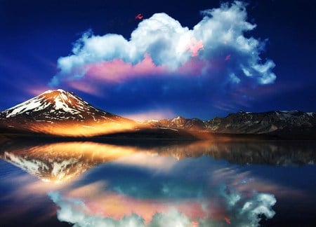 A canvas of our world - lake, mountain, reflection, dawn, clouds, pink, blue, light