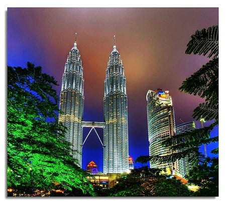 Towers of our time - windows, trees, glass, towering, steel, modern city, skyscrapers, lights