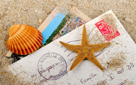 Postcard - beach, photography, greeting, shells, starfish, postcard, cool, shell, sand, relax, lovely, letter, star, envelope, beautiful, sea, friend